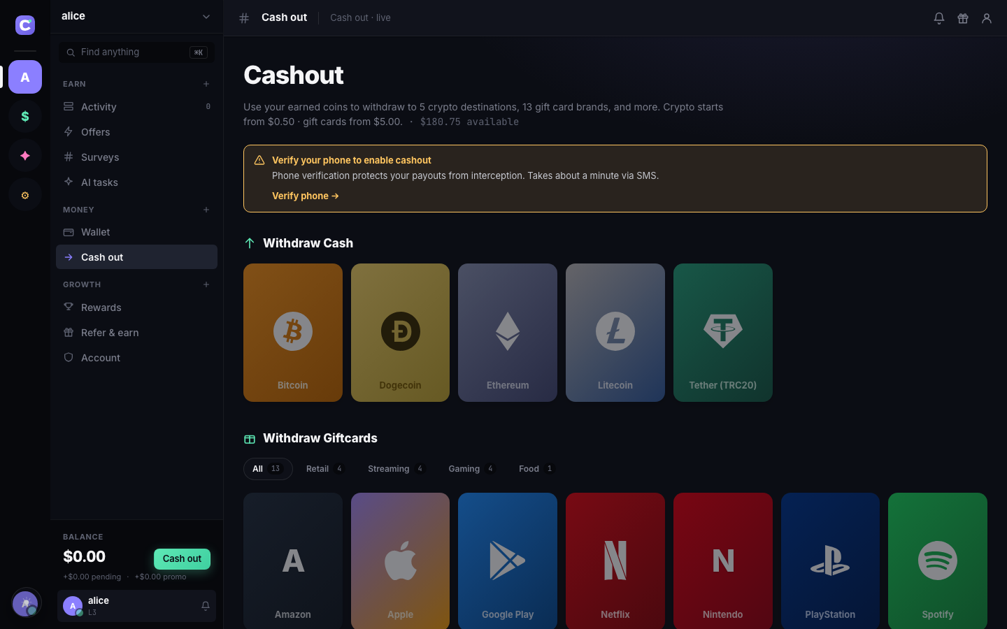 The credgle cashout picker — every gift-card brand and crypto coin you can withdraw to