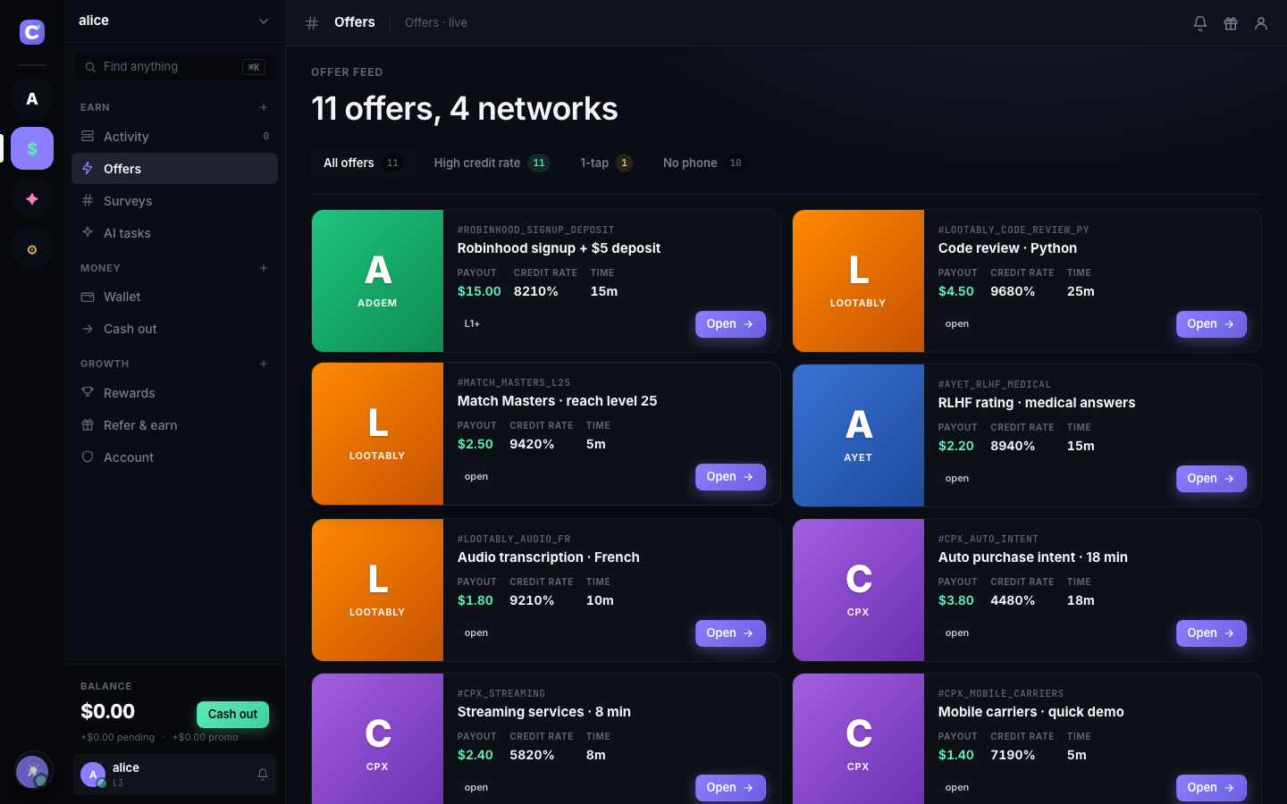 The credgle offer feed — mixed offerwall surface with network gradients and live credit rates
